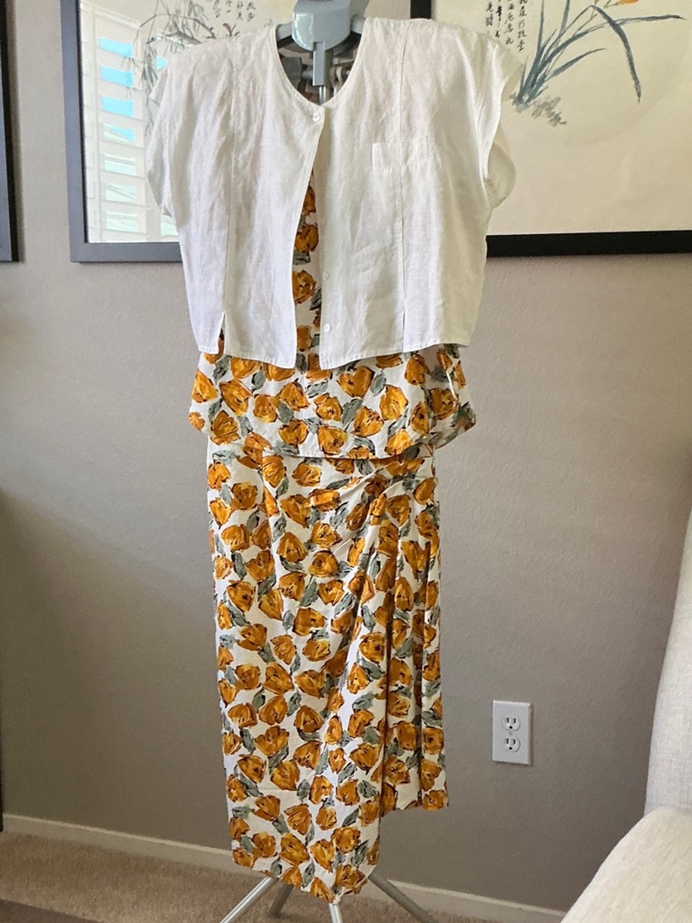 Yellow Floral Asymmetrical Midi Dress with White Overlay